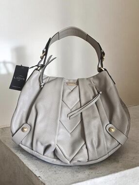 Lodis Pebbled Leather Hobo Bag in Light Gray with Gold Hardware